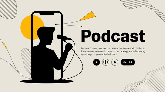 A sleek mobile phone display showcases a podcast illustration featuring a silhouette of a speaker with a microphone and audio controls high quality professional detailed modern