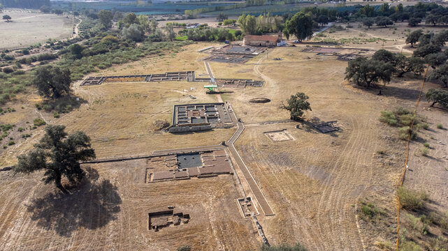 Aerial view of Roman city ruins and pathways, Turobriga, Spain