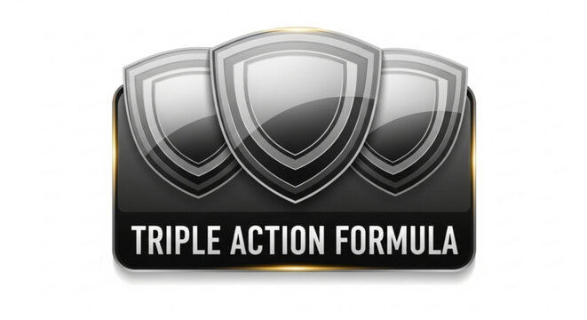Triple action formula shield logo with protective symbol