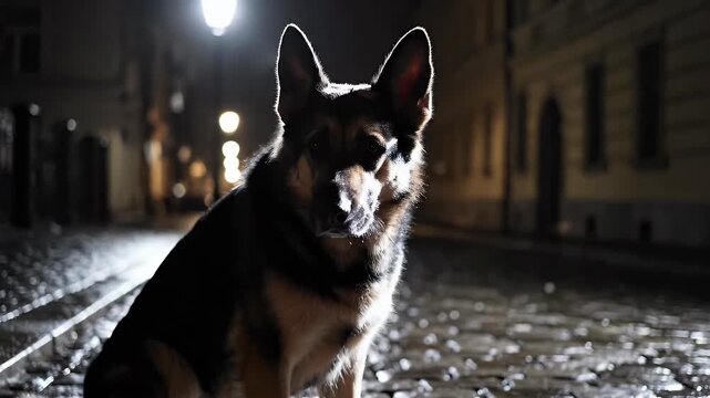 German Shepherd dog sitting patiently on a dark city street at night