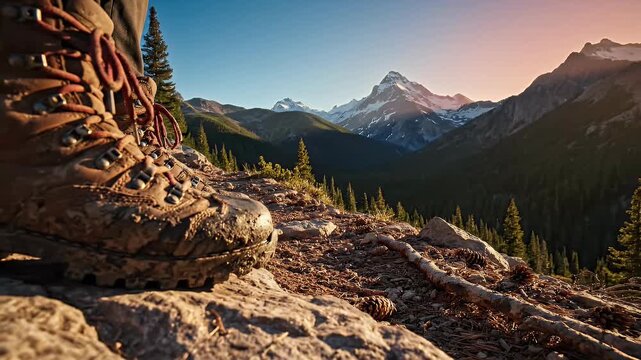 Hiking boot stepping on a rocky path in a vast mountain landscape