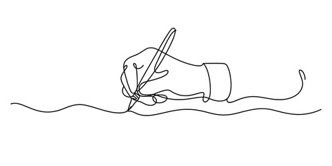Continuous line drawing of a human hand holding a pen and writing a wavy horizontal line. Vector, illustration