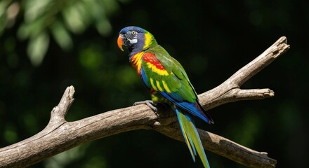 Obraz premium A vibrantly colored parrot with blue, green, yellow, and red plumage perches on a branch