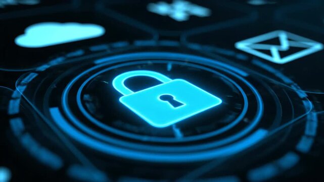 Digital Lock Icon with Cloud and Mail Icons on Dark Futuristic Background