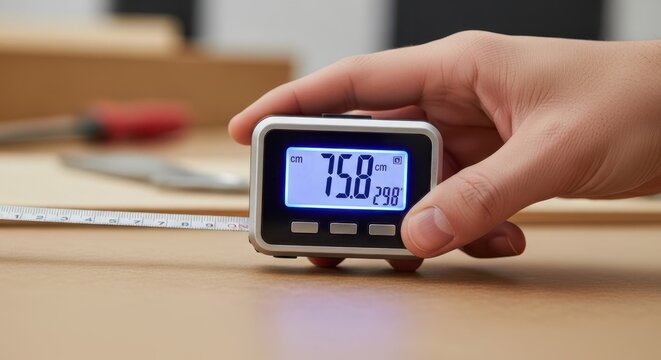 Hand holding a digital tape measure to size up a project or space.