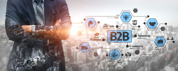 A businessman stands confidently against a modern city skyline, surrounded by B2B strategy icons. This image highlights the importance of sales and e-commerce in today business landscape. Tessel © InfiniteFlow