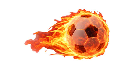 Fototapeta premium Fiery Football in Flight: A soccer ball ignites with a fiery passion, its trajectory a blaze of energetic determination, symbolizing intense competition.