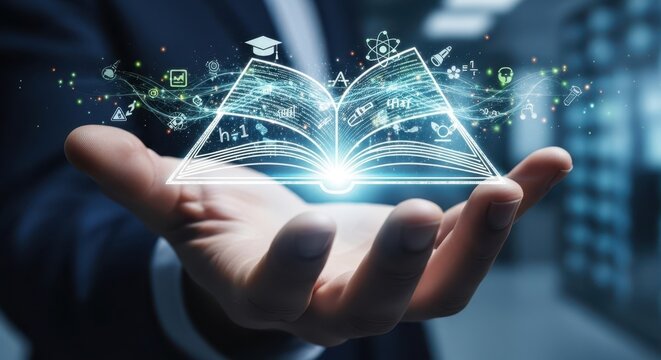 Close up of hand holding a digital book symbol to represent e publishing and online educational resources.