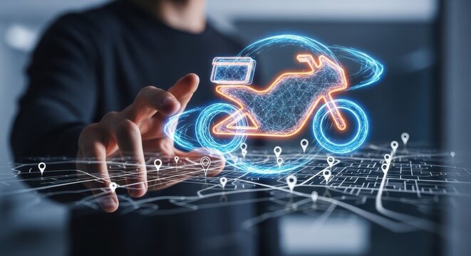 Hand interacting with a floating motorcycle symbol to track fast delivery couriers.