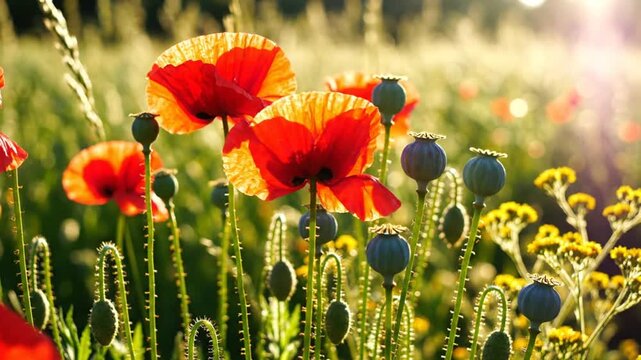 Vibrant Red Poppy Flowers with Seed Pods in a Sunlit Field, Peaceful Nature Background, Serene Floral Beauty