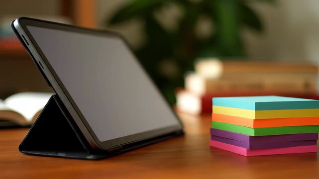 A digital tablet in a black case rests on a wooden desk next to a vibrant stack of sticky notes. Books and a potted plant are visible in the soft focus background.
