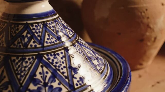 Close up view of traditional Moroccan ceramic tagine pot with blue and white painted patterns and a rustic backdrop
