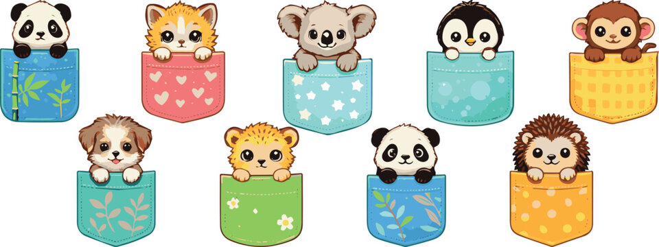 Cute animals in colorful pockets set with panda, cat, koala, penguin, dog, lion and monkey vector