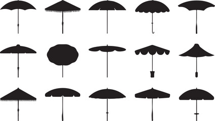 Assortment of black silhouette umbrellas with various shapes and fringe details on white background parasol © Sabbir Art Express