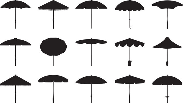Assortment of black silhouette umbrellas with various shapes and fringe details on white background parasol