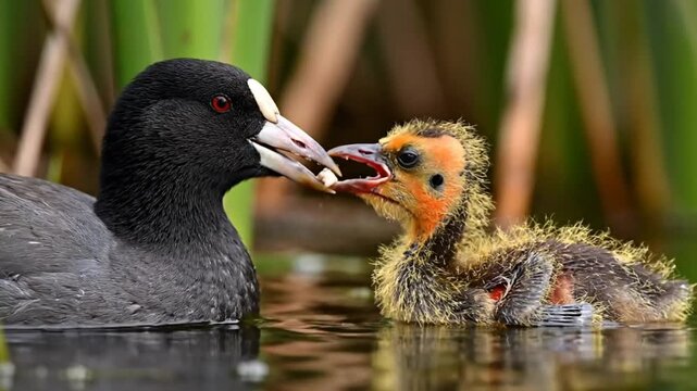Black coot adult bird feeding a chick with an insect in a lake during daytime nature wildlife scene