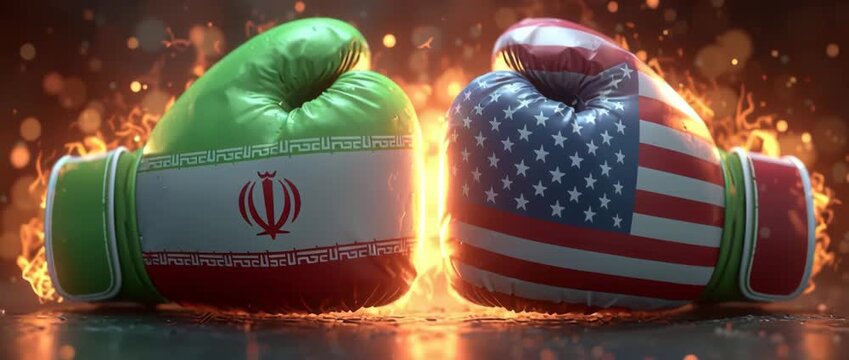 USA & Iran Diplomatic Tension. Conceptual image of boxing gloves with Iran and USA flags symbolizing conflict and competition.