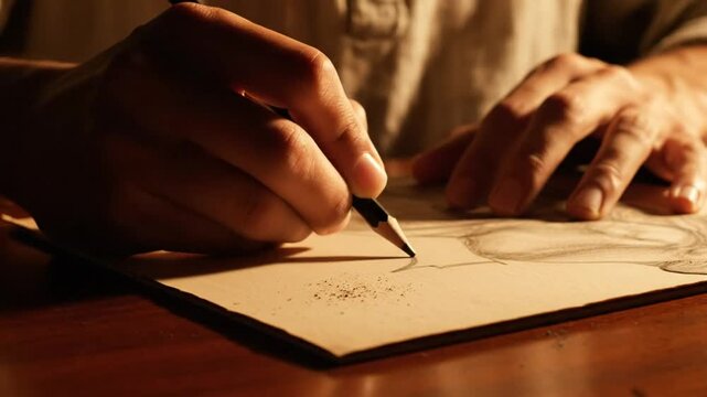 Close up view of artist sketching with a pencil, drawing and creating art on paper at a wooden table