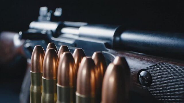 Close-up of a rifle and ammunition on a dark background, weapon ready to fire