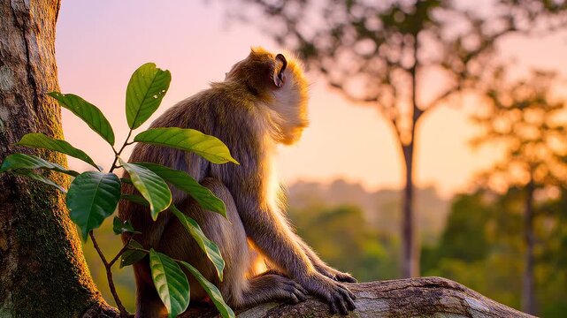 Monkey sitting on tree branch outdoors.