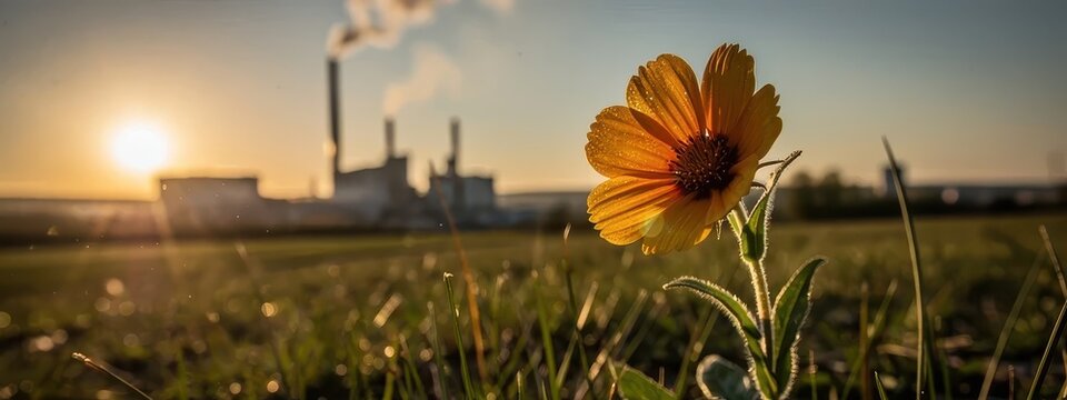 Wildflower blooming in field with industrial factory smoke in background, environmental pollution and climate change contrast concept at sunset
