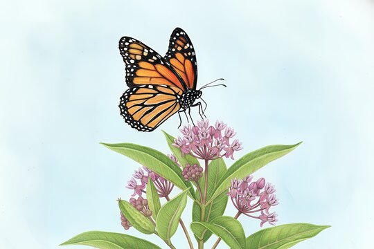 Monarch butterfly sitting on milkweed flower against soft blue background showcasing intricate details of wings and vibrant colors