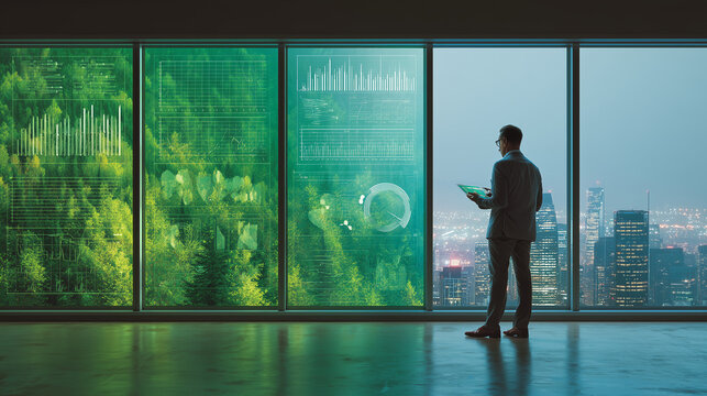 ai powered sustainability monitoring dashboard in corporate office, businessman looking at renewable energy data screens with wind turbines, futuristic global environmental tracking control room