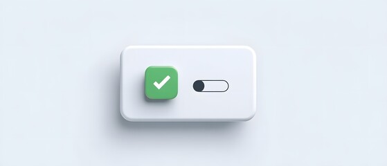 A modern toggle switch with a green checkmark symbol, representing validation and activation. The minimalist design emphasizes functionality in digital interfaces.