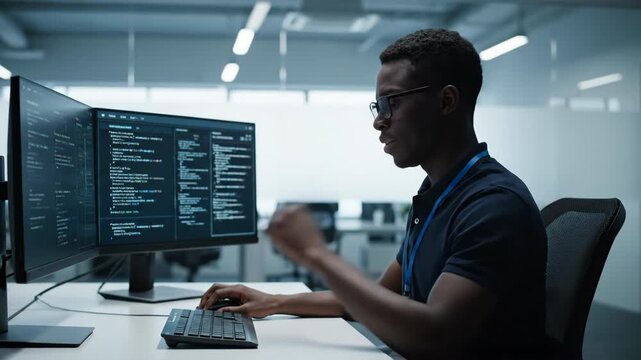 A Black man programmer in glasses wearing a dark blue polo shirt types on a keyboard while working on complex code displayed on dual monitors in a bright, modern office environment.