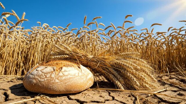 Rustic bread loaf resting on dry cracked earth with a bundle of wheat against a bright blue sky on a sunny day