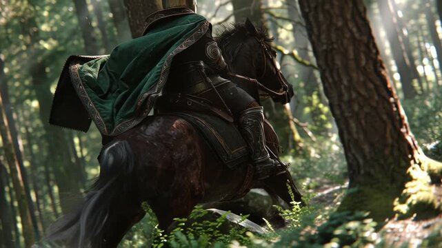 Medieval knight in armor riding horse through forest.