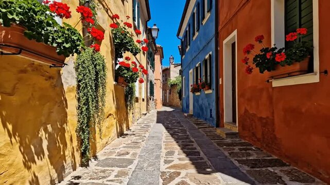 Picturesque alleyway in Italian village with colorful buildings, flowers, and cobblestone street on sunny day