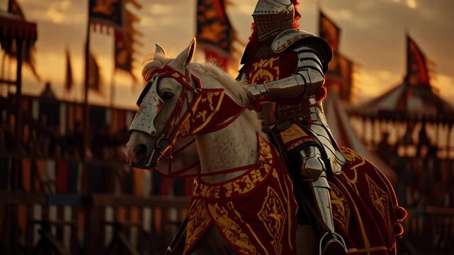 Medieval knight in shining armor riding a decorated horse during a jousting tournament.