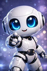 3D Illustration of a Cute Friendly White Robot Mascot Pointing Forward. Artificial Intelligence, Digital Assistant, and Future Technology Concept on Vertical Purple Bokeh Background