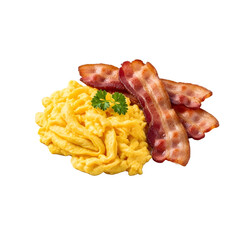 Delicious scrambled eggs with crispy bacon and fresh parsley