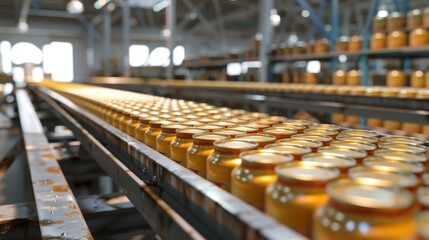 Canned food products on conveyor belt in distribution warehouse, parcels transportation system, equipment, manufacture, factory, industrial, machine, production