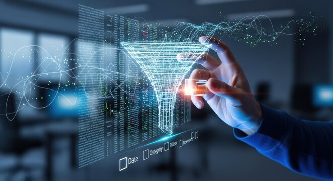 Male hand manipulating a virtual filter funnel to sort data results by specific criteria.