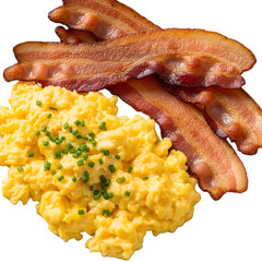 Delicious breakfast with scrambled eggs and crispy bacon strips