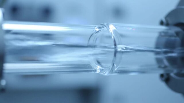 Industrial Fluid Dynamics Close-up of a transparent industrial pipe, showcasing subtle refraction and movement of an inert flowing liquid or gas with long exposure light trails.