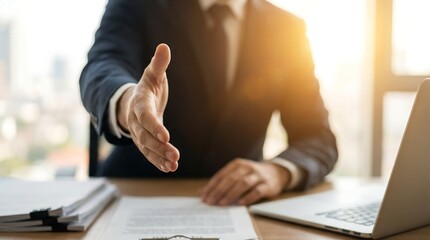 A professional businessman in a dark suit extends his hand from his office desk for a handshake, signaling a warm welcome and new business opportunities.