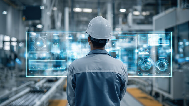 asian male engineer in yellow hard hat monitoring smart factory, automation control system with holographic data interface in manufacturing plant, industrial engineer using futuristic digital twin