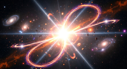 Obraz premium Vibrant cosmic explosion with swirling energy and galaxies in deep space viewed from a celestial perspective