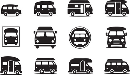 Set of black silhouette icons representing camper vans and R Vs in different styles and views motorhome © Sabbir Art Express