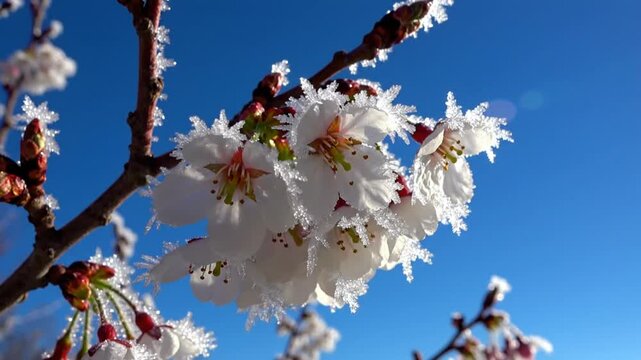Delicate white cherry blossoms covered with sparkling frost against bright blue sky on a sunny winter day
