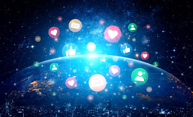 Concept of digital marketing and online communication. A network of user engagement is shown through social media feedback notifications which helps build a strong community. Fermion