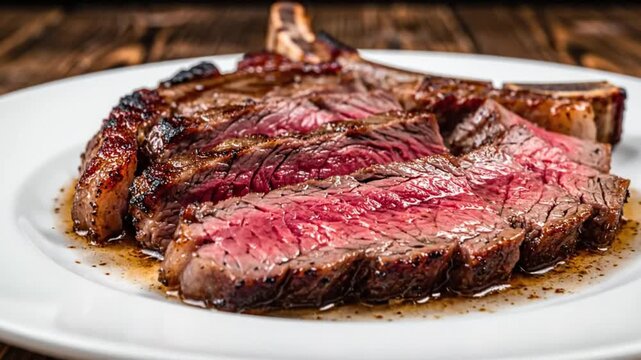 Close up of a juicy sliced grilled ribeye steak on a white plate over a wooden surface