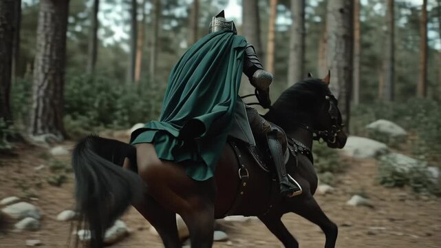Medieval knight in green cloak riding black horse through forest.