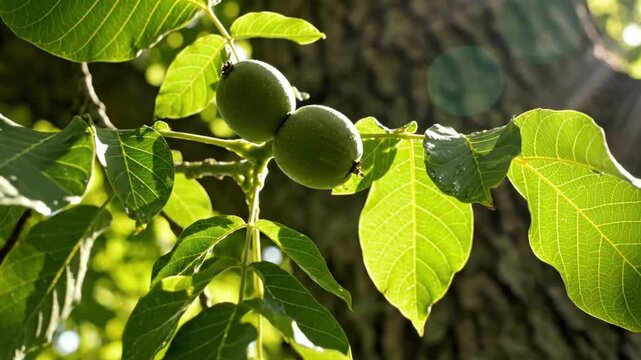 Low angle shot of a walnut tree branch with two green walnuts and lush green leaves against a sunlit background