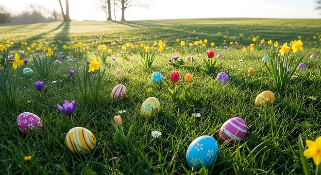 Easter eggs in a colorful spring grass field on easter sunday morning