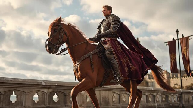 Medieval knight in armor riding a horse through a castle courtyard.